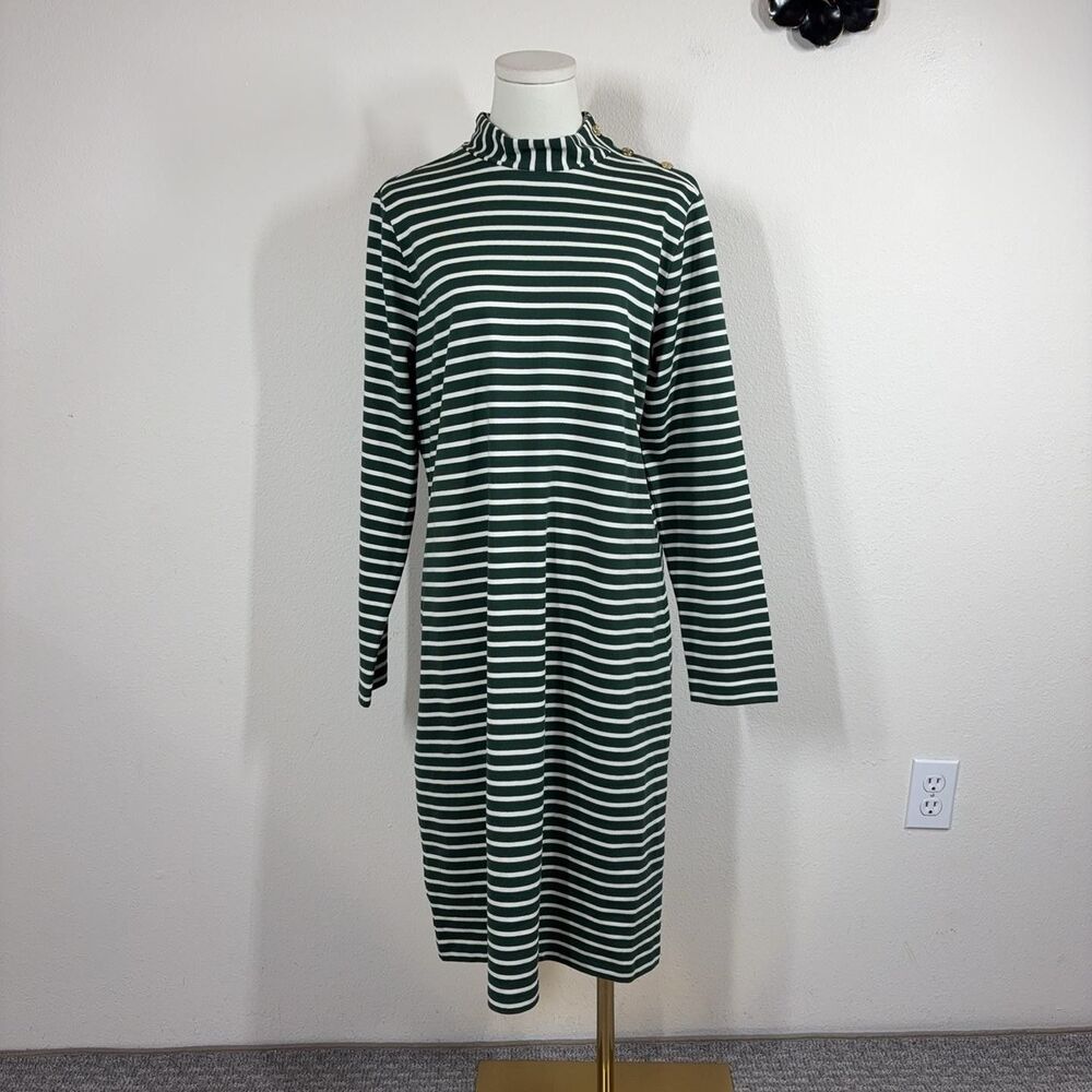Draper James Dress Womens Large Green Stripe Midi Mock Neck Shift Office